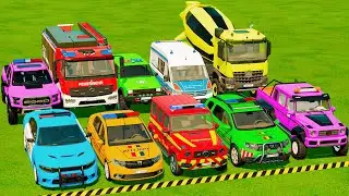 TRANSPORTING POLICE CARS, AMBULANCE, FIRE TRUCK, COLORFUL CARS WITH TRUCK -FARMING SIMULATOR 22!