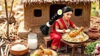 Miniature Doll Fried Chicken Thigh Rice Cooking ASMR | Indian Village Tiny Kitchen Story