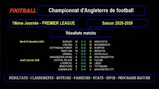 PREMIER LEAGUE - 19&egrave;me journ&eacute;e 2025/2026 : R&eacute;sultats - Classements - Buteurs - Passeurs - Stats
