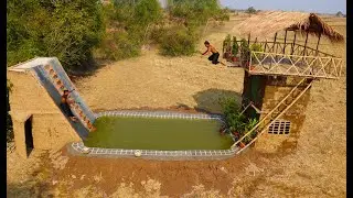 Build a two story mud house with twin water slides around the house, luxurious swimming pool full