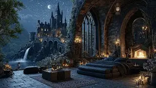 Enchanted Castle Bedroom by the Waterfall | Relaxing Night Ambience with Crackling Fire & Crickets