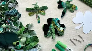 Fabric Scrap Embellished into Beautiful Textile, Fosshape, Dragonfly, Shamrock Fiber Art #fiberart