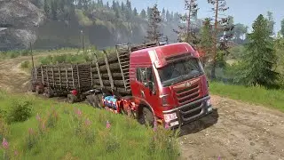 Long Truck With Two Trailers Of Logs Driving Uphill Spintires MudRunner