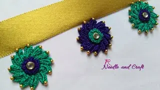 New & Unique double colour crochet motif saree kuchu design using ring and gold beads |