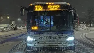 Snowy front POV ride on CTtransit 2018 New Flyer XD40 #1837 on route 212X to New Haven via I-91