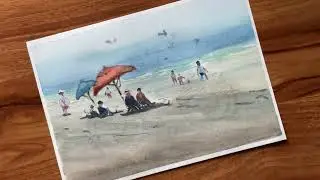Watercolor Beach landscape | How to paint a BEACH with wet sand reflections 🌊 WATERCOLOR tutorial 
