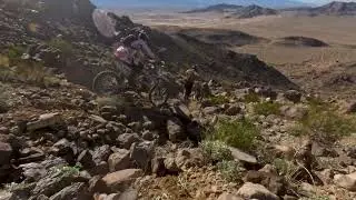 Hard Enduro, going down an uncharted canyon in Johnson Vally.