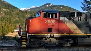 Large Trains In Canada With DPU Power Overtop Emory Creek Bridge