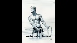 Man in the Pool.watercolor B&W process Creating Painting tutorial video nude education.