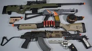 Shell ejecting AK47  Nerf Toy Guns - AWP Sniper Rifle Airsoft AK - Glock Pistol - Toy Gun Collection