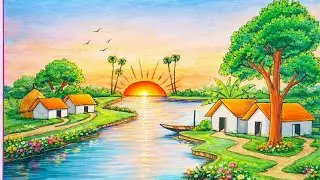 গ্রামের দৃশ্য আঁকা 💥💥প্রাকৃতিক দৃশ্য আঁকা 💥Simple village scenery drawing /prakitik drisso/landscape
