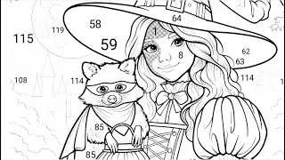 Girl in witch's robe with raccoon in purple mask holding Halloween pumpkin | Coloring Games