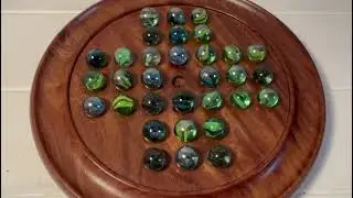 Polished WOODEN SOLITAIRE SET with MIXED COLOURED GLASS MARBLES