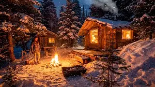 Girl Alone in a Primitive Log Cabin in Winter