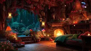 Cosylit Relaxing Nook in Quiet Forest | Echoing Magical Music, Crackling Fire & Night Insects Sounds
