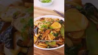 Shanghai stir-fried rice cakes with pork, veggies, and savory face.