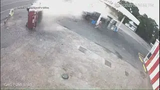 VIDEO | Nebraska man narrowly escapes collision at gas station, helps driver