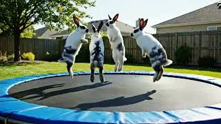 Firefly bunnys jumping up and down on a trampolin in a backyerd 378389
