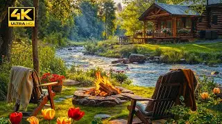 Tranquil Spring River Flow and Crackling Campfire in Forest | Gentle Birdsong for Relaxing