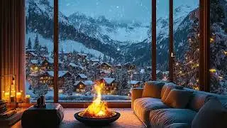 Warm Winter Cabin Atmosphere with Falling Snow and Soft Fire Sounds for Calm Deep Sleep