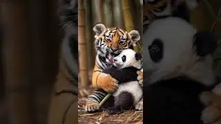 The tiger cub was happy, but the panda seemed a little scared. #tigercats #tigerpanda #cutepets