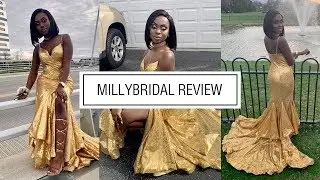 Prom Dresses | Trying On Long Mermaid V-neck Sequined Gold Dress with Slits - MillyBridal Review
