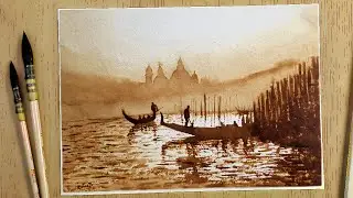 Coffee painting | Beautiful riverside landscape painting with only coffee powder and water
