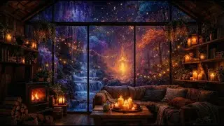 Raining in the Enchanted Forest  Magical Cabin Night with Crackling Fire & Rain