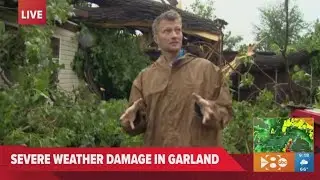 DFW severe storm damage: Loud thunder crack during WFAA live shot