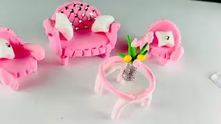 DIY Miniature sofa set with clay 💕💕//pink sofa set//Clay ideas 
