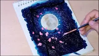 Moonlit night scenery painting tutorial for beginners | flowers with moonlight | art