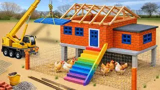 DIY Mini Tractor Builds a Raised Brick House with a Chicken Coop Below | Science Project