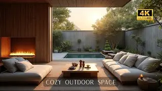 Cozy Japandi Style Outdoor Space: Relaxing View with Fireplace & Calming Music- Peak Tranquility