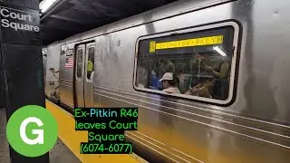 Church Avenue bound ex-Pitkin Yard R46 (G) train leaves Court Square (6074-6077)