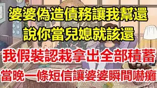 婆婆偽造債務讓我幫還，說你當兒媳就該還，我假裝認栽拿出全部積蓄，當晚一條短信讓婆婆瞬間嚇癱！#心寄奇旅#為人處世#生活經驗#情感#故事#彩礼#花開富貴#深夜淺讀