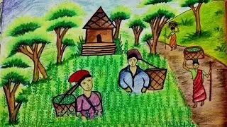 How to draw a scenery of Tea Garden step by step with oil pastel colour