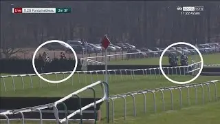 COMMENTATOR CAN'T STOP LAUGHING! Jockeys take different courses at Fontainebleau!