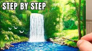 Forest Waterfall Step by Step Acrylic Painting