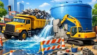 Clearing the Flood: Excavator and Dump Truck Save the Day! 🚛🚧 | Construction Vehicles