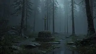 Rainstorm in Dark Forest with Medieval Sword