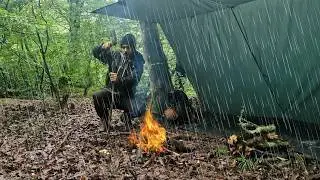 48-Hour Camping in a Rainy Forest | Survival, Shelter Building & Fire Making in Heavy Rain