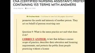 CNA (CERTIFIED NURSING ASSISTANT) MIDTERM EXAM QUESTIONS CONTAINING 153 TERMS WITH ANSWERS