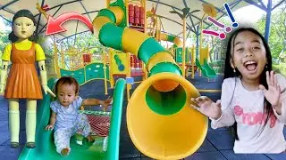 Vlog Keluarga Riska Main Perosotan 💞 Seharian Jagain Dede Bayi Lucu 💞 Main Squid Game di Playground
