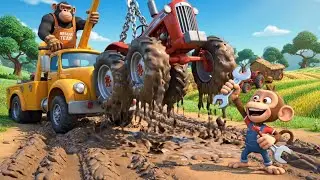 Baby Monkey and Dad Save a Tiny Tractor from the Mud | Kids Storytime