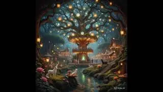 magical carnival deep forest twilight Winding mossy paths lit by floating paper lanterns s foxes
