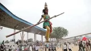 Indian girl does balancing act on a tight rope at Pushkar Mela