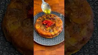 Potato, mushroom, and cheddar frittata. Calabrian chili and extra virgin olive oil. #recipe