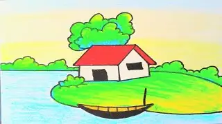 Easy landscape drawing for beginners|Learn house and nature simple painting|Nature scenery drawing 