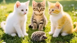 Cat playing with baby hedgehog in the meadow - Cat video - Cat meowing