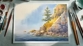 Watercolor Seascape Painting &ndash; Rocky Coast & Pine Tree